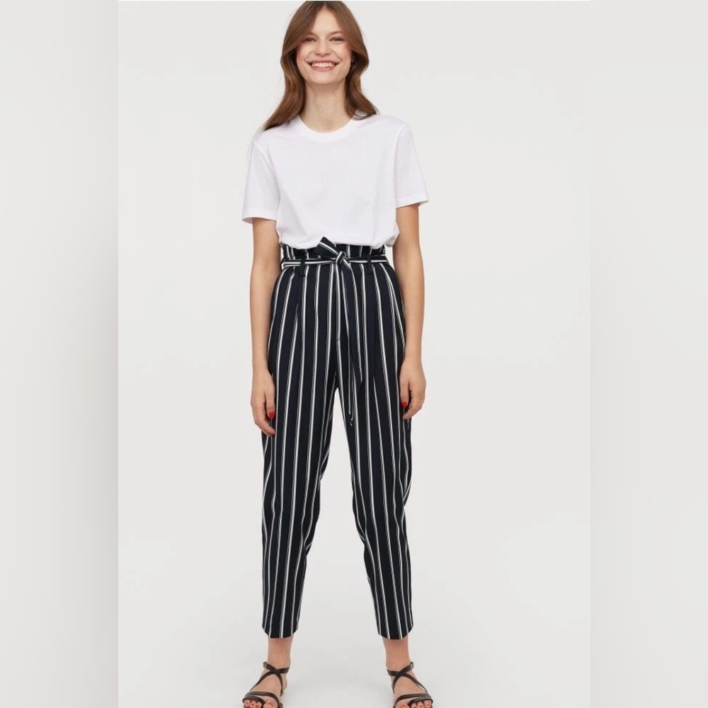H&M Black White Striped Paperbag Waist Pants | High Waist Tie Belt  - Size 8